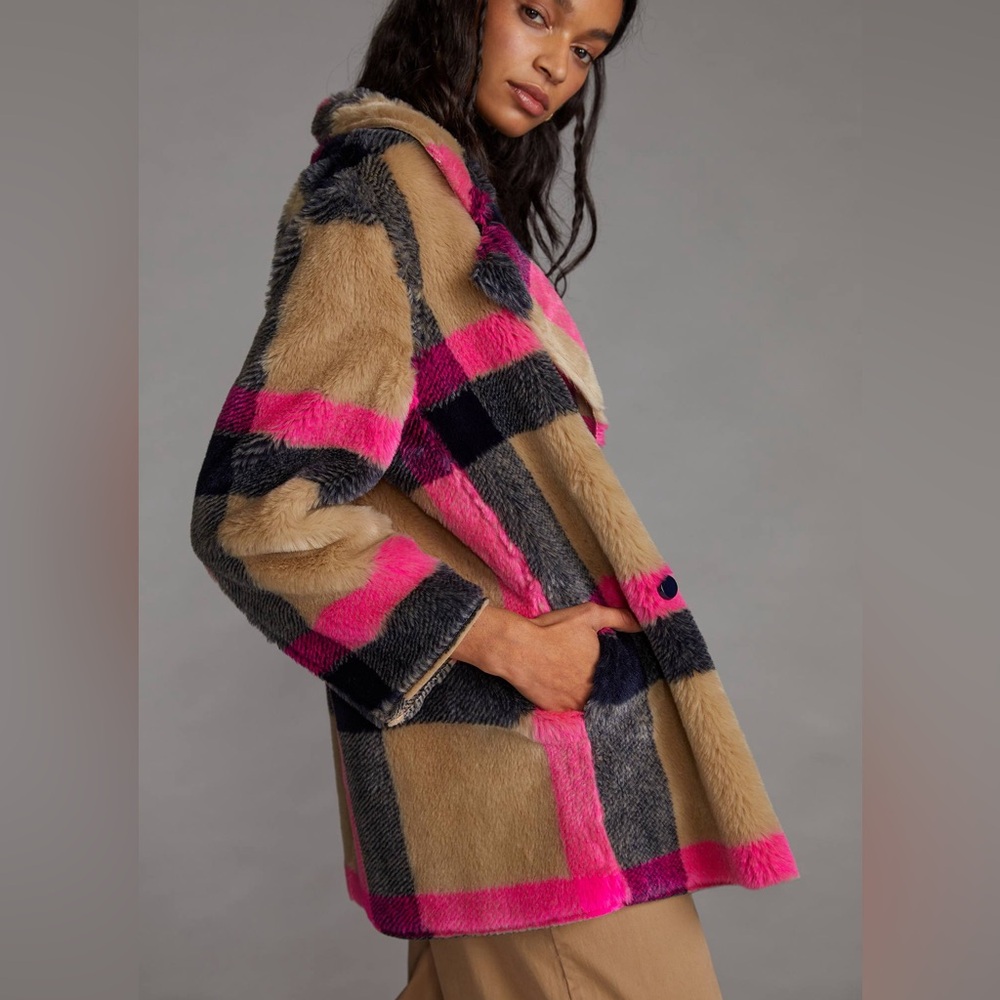 Anthropology Villagalo fake fur plaid coat - Picture 2 of 9